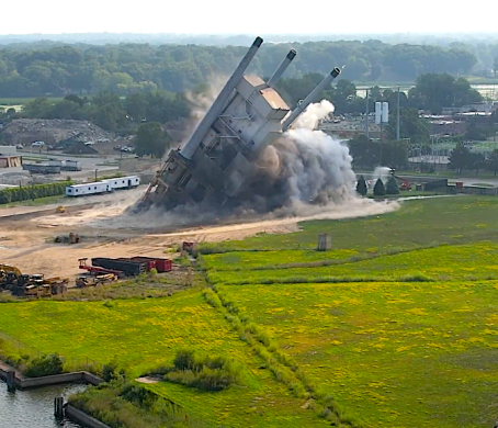 Drones-eye view of power plant demolition